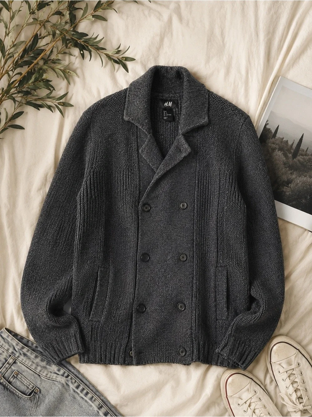 H&M Gray 100% Cotton Shawl Collar Cardigan Sweater Men’s Large Heavy Knit Cozy